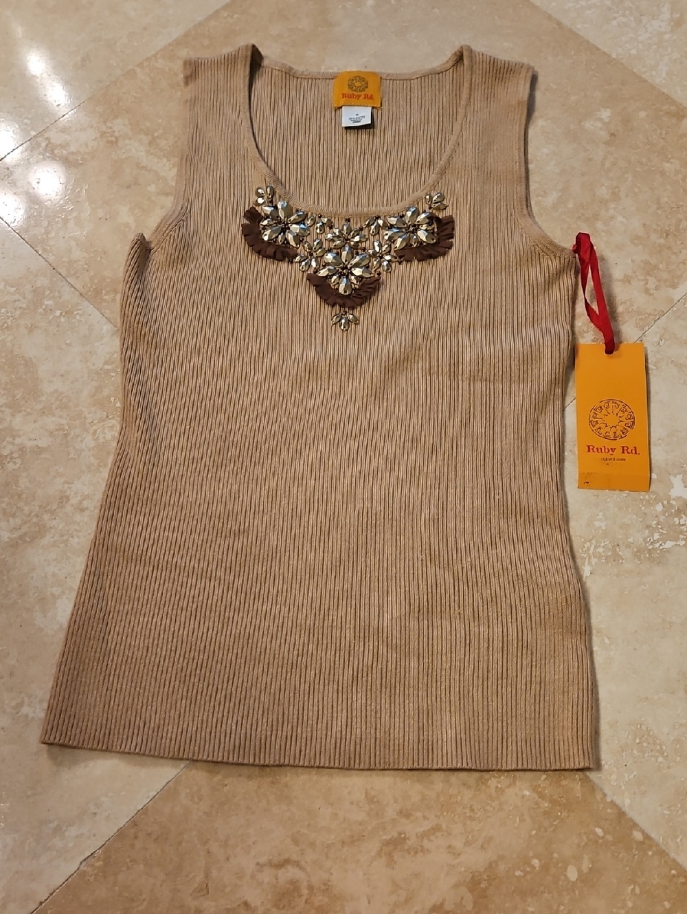 NWT Ruby Rd. Beige Ribbed Tank with Jeweled Scoop Neckline